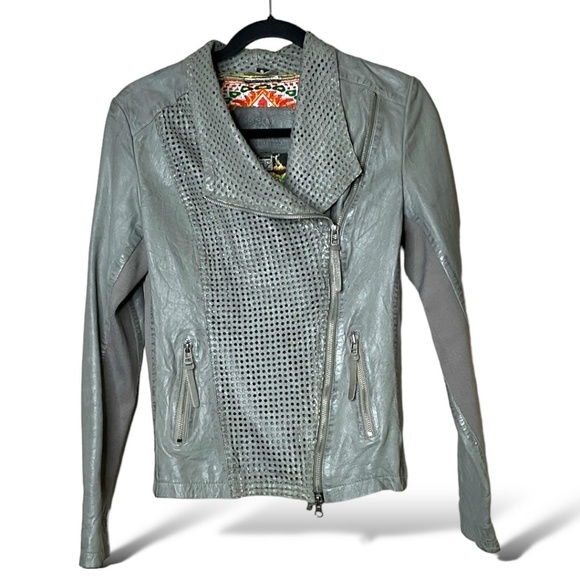 BANO EEMEE Genuine Leather Moto Jacket Zip Pockets Grey / Green Colour US Sz 6 - Picture 1 of 11